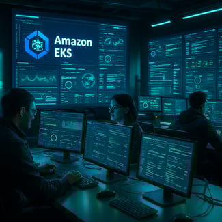 Amazon EKS is a powerful solution for automated Kubernetes management on AWS enhanced by GitOps and robust observability features Picture a sleek modern control center filled with glowing screens displaying realtime data metrics where engineers effic-1 Amazon EKS is a powerful solution for automated Kubernetes management on AWS enhanced by GitOps and robust observability features Picture a sleek modern control center filled with glowing screens displaying realtime data metrics where engineers effic-1
