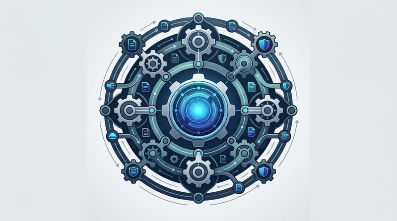 Schematische Darstellung eines kontinuierlichen Cloud-Analyse-Kreislaufs mit vernetzten Knoten und Dokumenten-Icons – symbolisiert den AWS Well-Architected Agent
