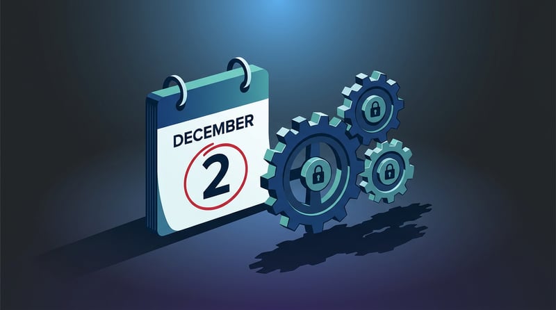 Kalenderseite mit dem 2. Dezember, umkreist in Rot, neben drei ineinandergreifenden Zahnrädern mit Schloss-Symbol – symbolisch für die EU AI Act Dezember 2026 Compliance-Fristen