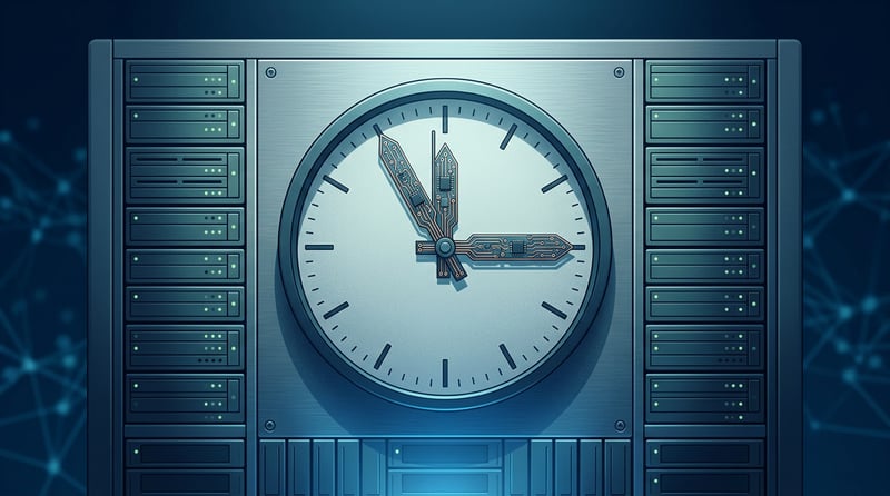 Uhr kurz vor Mitternacht auf einem Server-Rack – symbolisiert das bevorstehende Kubernetes 1.34 End of Life auf EKS