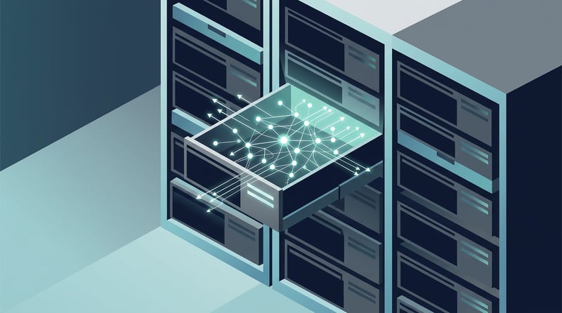 Serverrack mit geöffnetem Einschub, aus dem ein Netz gleichzeitiger HTTP-Verbindungen strömt – symbolisch für Lambda Web Functions und Multi-Concurrency