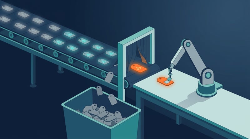 Förderband mit vielen Warnmarken, von denen ein Sortiertor nur eine orangefarbene durchlässt, die ein Roboterarm mit einem Flicken repariert.